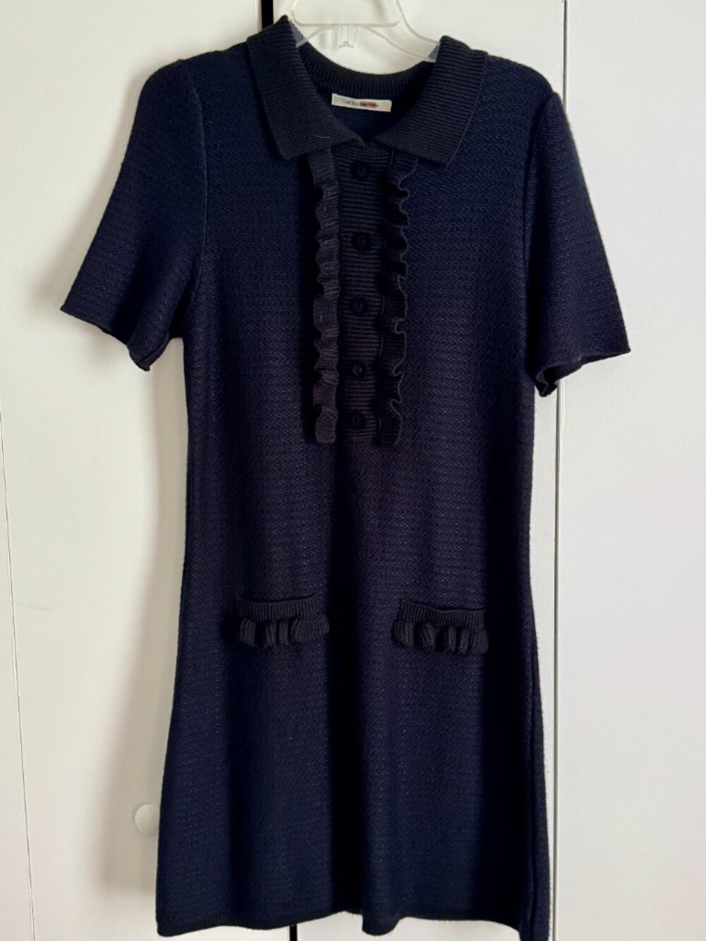 Aldo Martins Blue/Black Ruffle Bib Short Sleeves Sweater Dress
